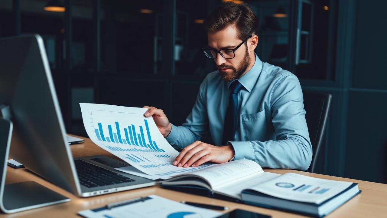 Accountant reviewing financial statements and charts