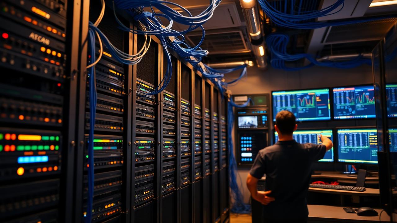 Network operations center with server racks and monitoring screens