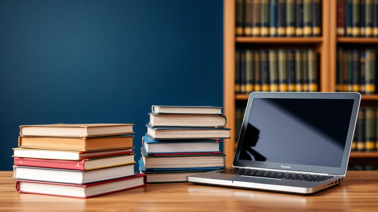Library of compliance resources, books and laptop